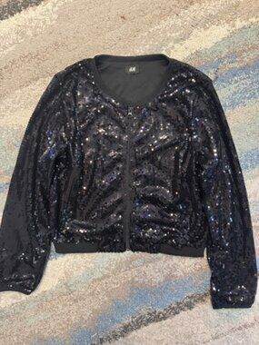 H&M Black Sequined Zipper Jacket Size S